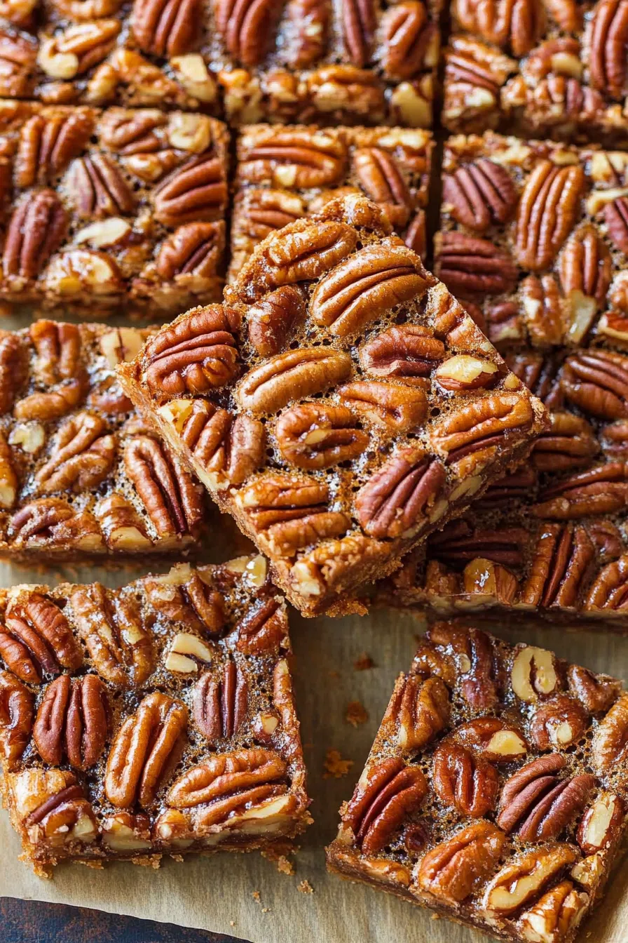 A stack of dessert bars with a golden crust and a glossy pecan topping.