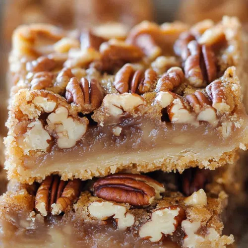 A close-up of a dessert bar showing gooey pecan filling and a flaky base.