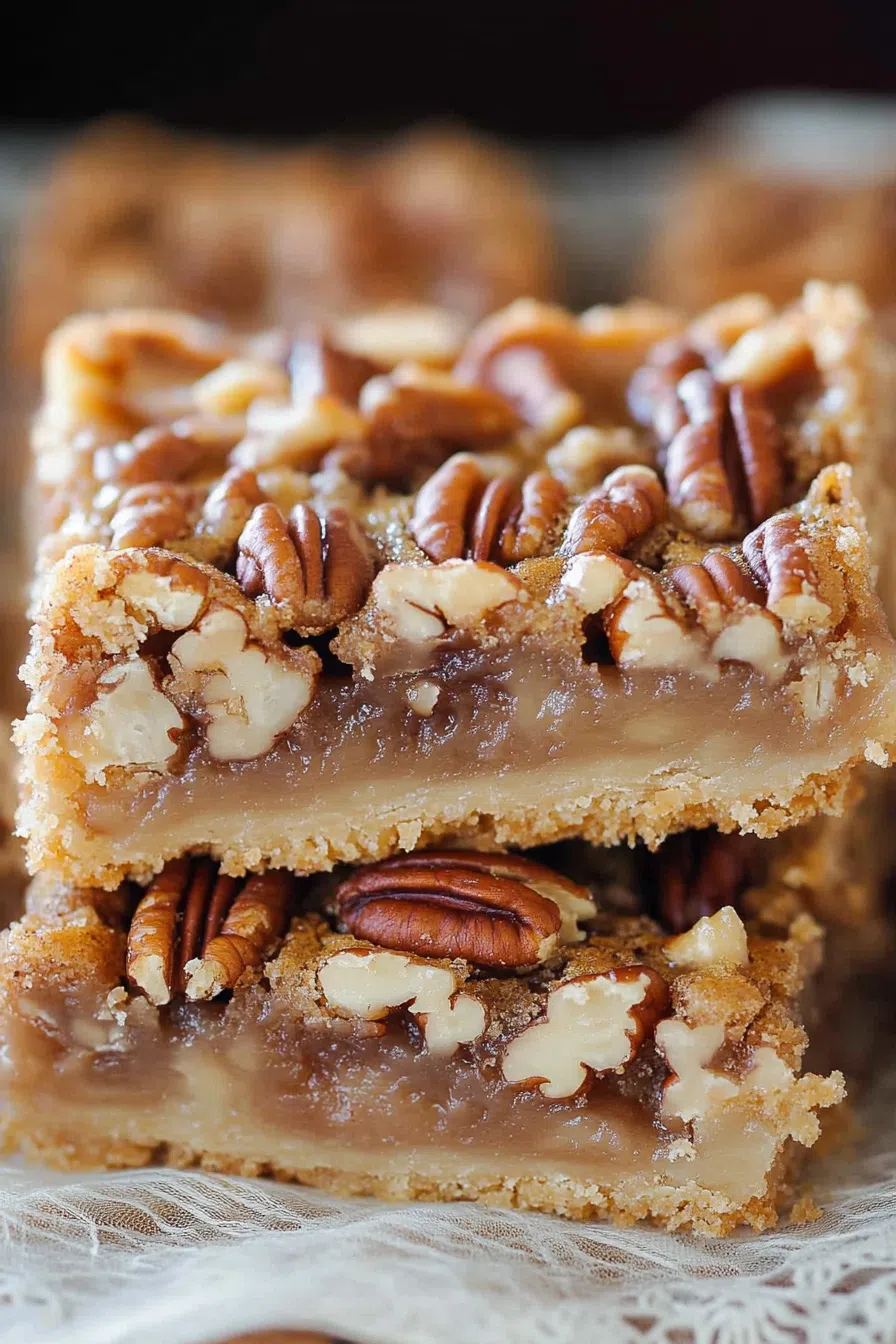 A close-up of a dessert bar showing gooey pecan filling and a flaky base.