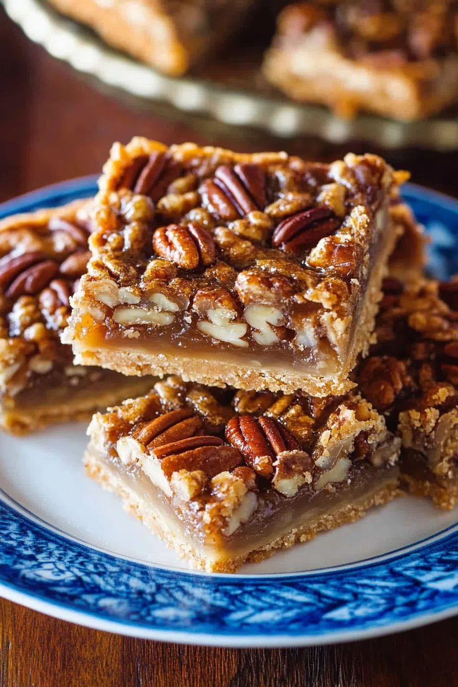 A plate of freshly baked dessert bars with a caramelized nut topping.
