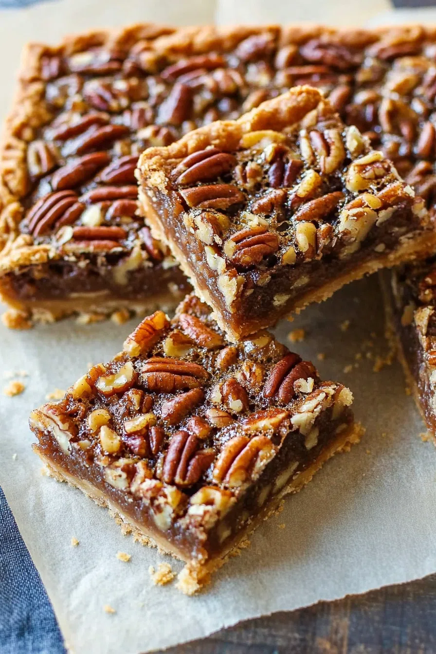 A square dessert bar on a plate with chopped pecans scattered around.