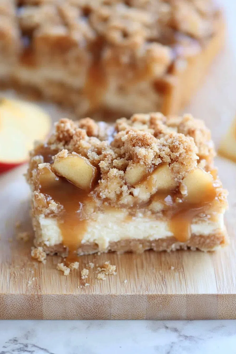 An overhead shot of a batch of caramel apple cheesecake bars on a wooden board, surrounded by fresh apple slices and caramel drizzle.