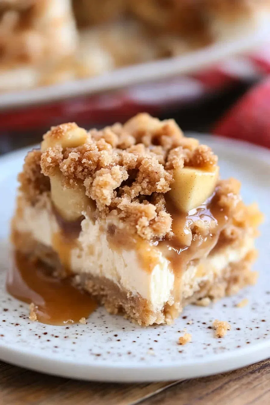 A close-up of a dessert bar with a creamy cheesecake layer, topped with caramel drizzle.