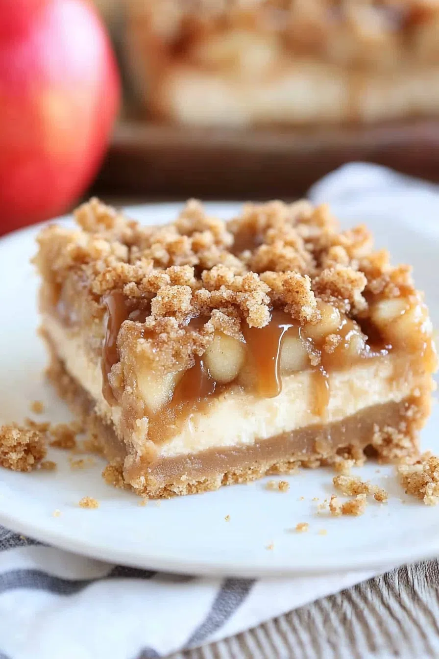 A plated square of rich cheesecake with caramelized apples and a golden streusel topping.