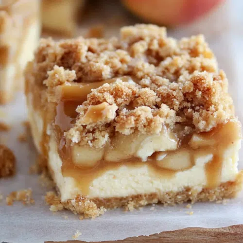 A close-up of caramel apple cheesecake bars, showing the layers of creamy cheesecake, spiced apples, and a buttery crust.