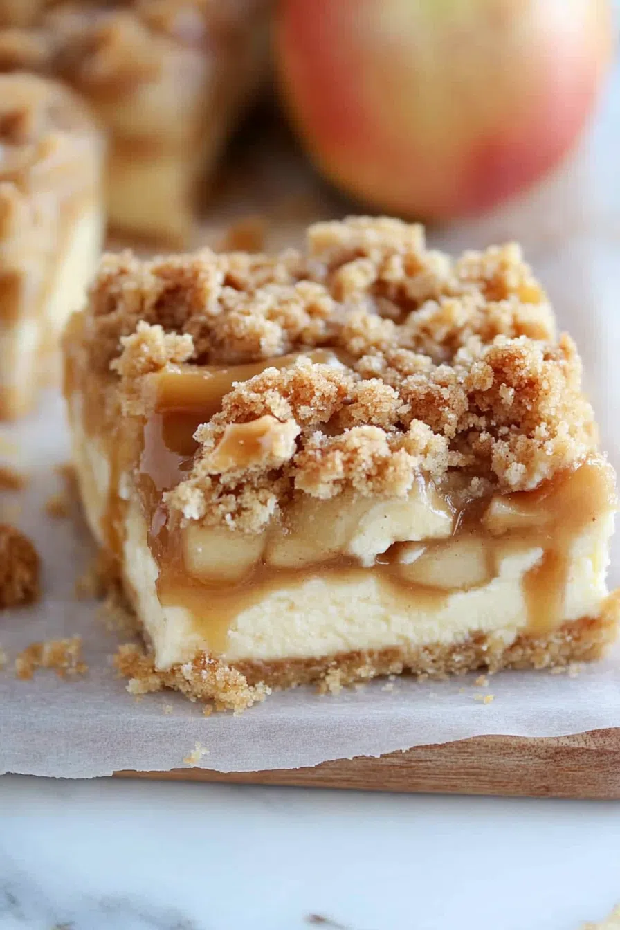 A close-up of caramel apple cheesecake bars, showing the layers of creamy cheesecake, spiced apples, and a buttery crust.