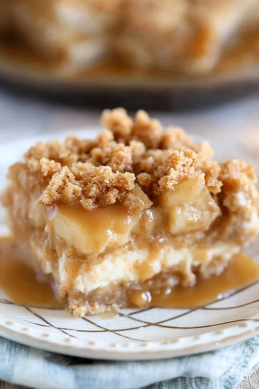 A drizzle of caramel cascading over a freshly cut cheesecake bar on a serving plate.