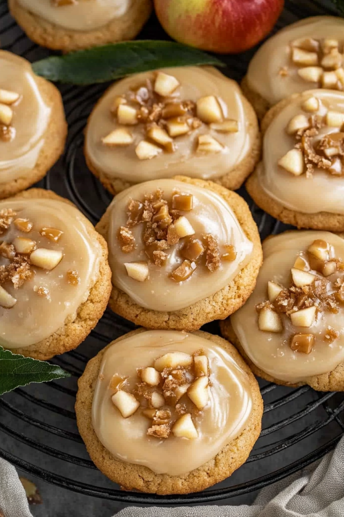 A close-up of a cookie with apple chunks and caramel glaze.