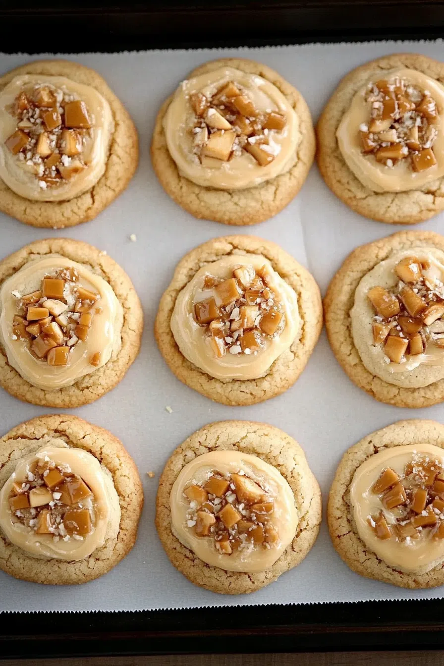 Freshly baked cookies with a caramel drizzle on top.