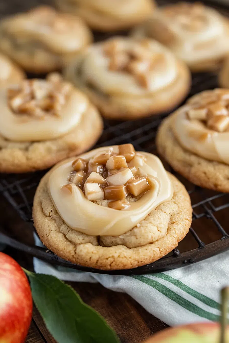 Cookies cooling on a wire rack with caramel drizzled on top.