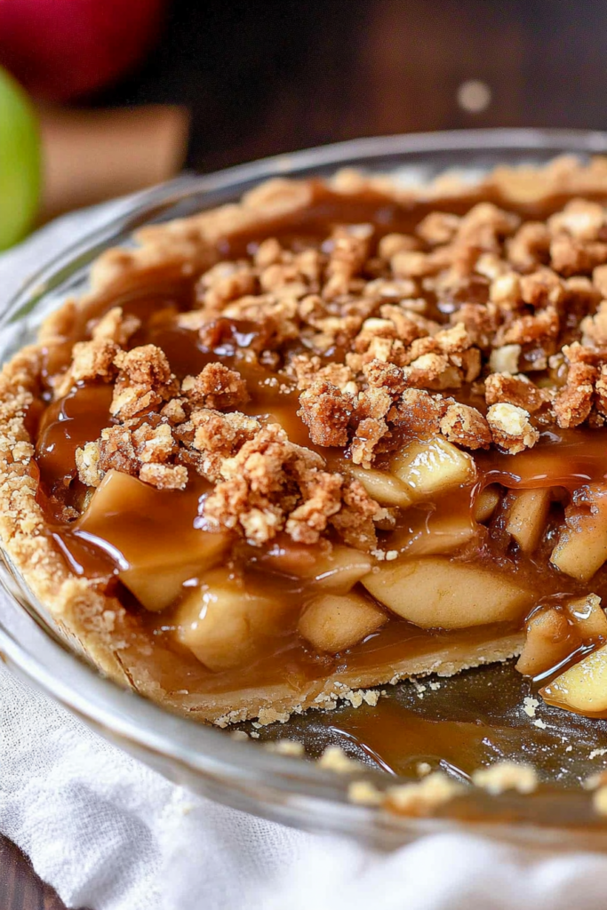 Caramel apple pie with a golden-brown crumble topping, garnished with fresh apple slices.