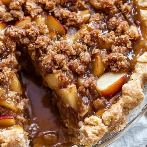 Close-up of a slice of caramel apple pie with a crumbly topping and caramel drizzle.