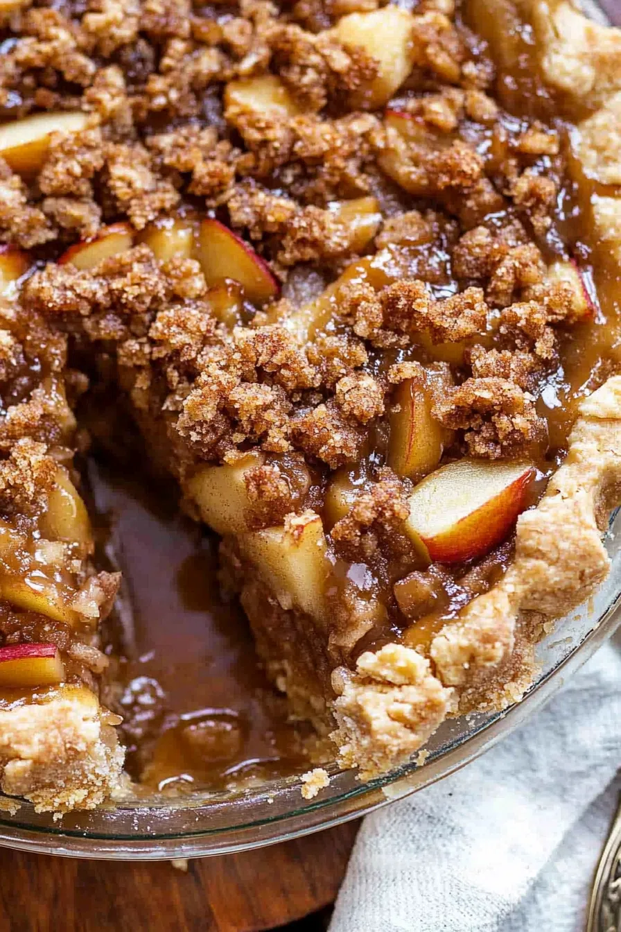 Close-up of a slice of caramel apple pie with a crumbly topping and caramel drizzle.