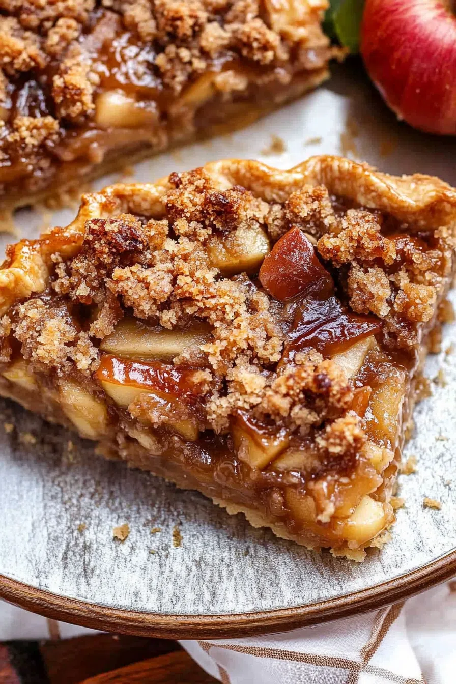 A golden, crumb-topped pie with a drizzle of caramel on top.