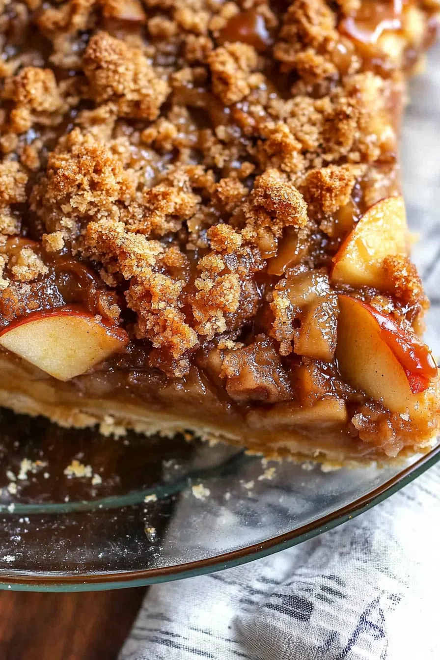 Single slice of caramel apple crumble pie on a dessert plate.