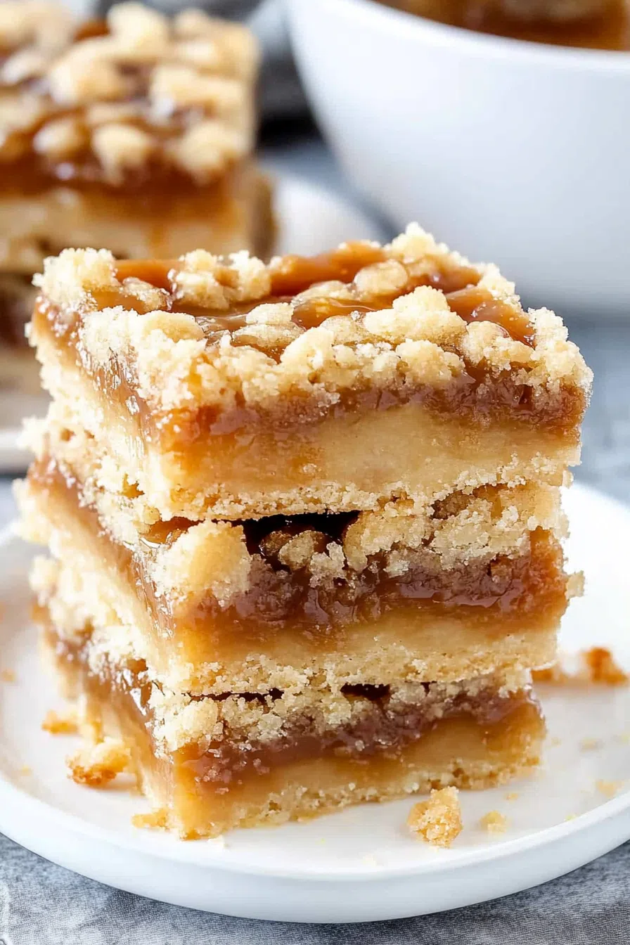 A close-up of a dessert bar with layers of filling and crumbly topping.