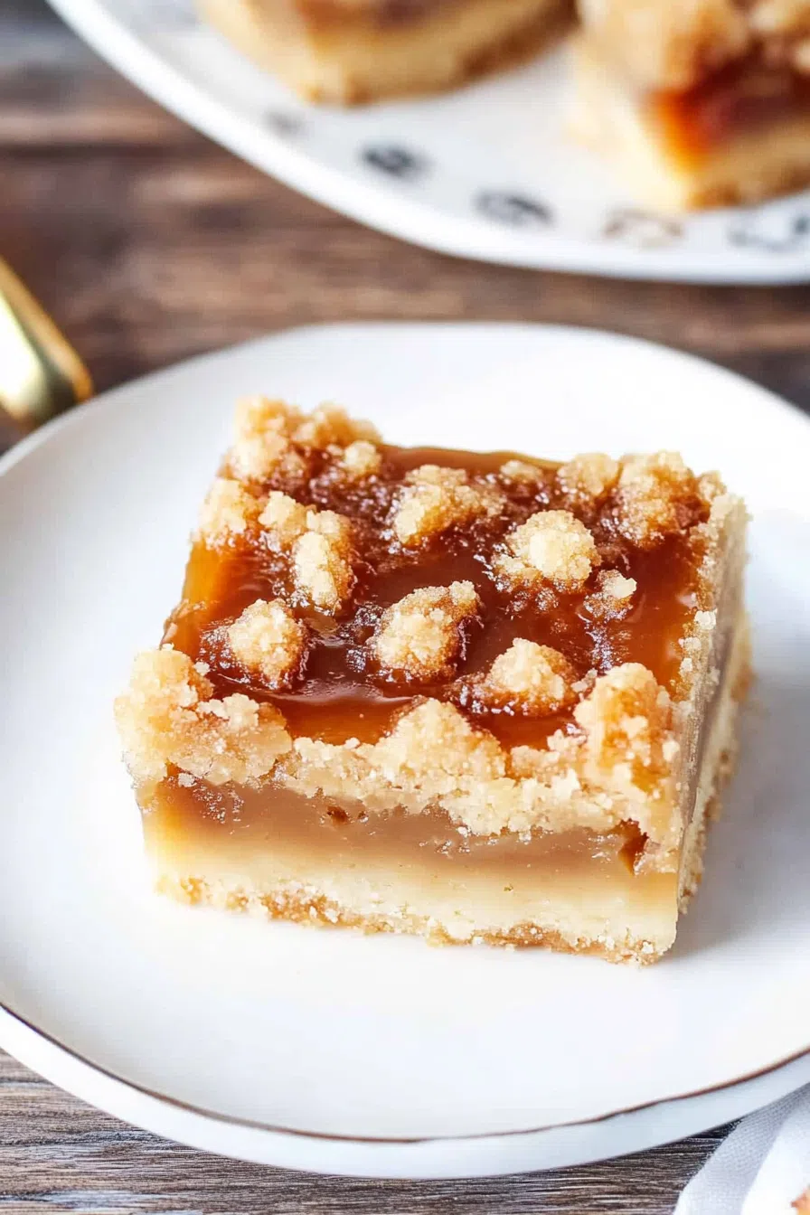 A plated dessert bar with a soft center and crispy top.