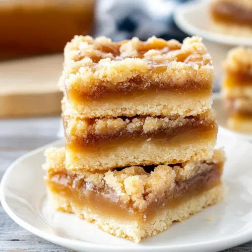 A stack of dessert bars with a golden crumb topping.