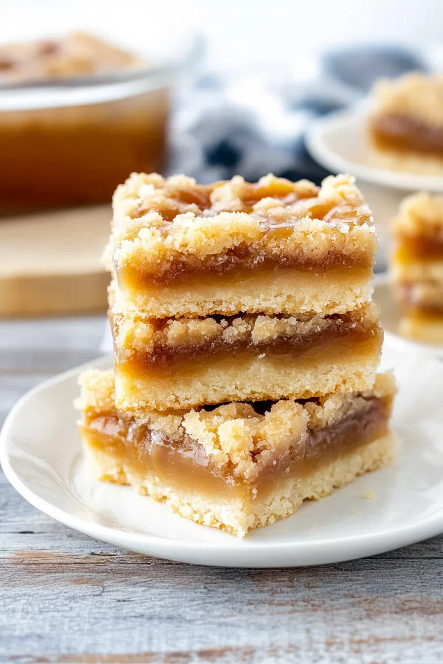 A stack of dessert bars with a golden crumb topping.