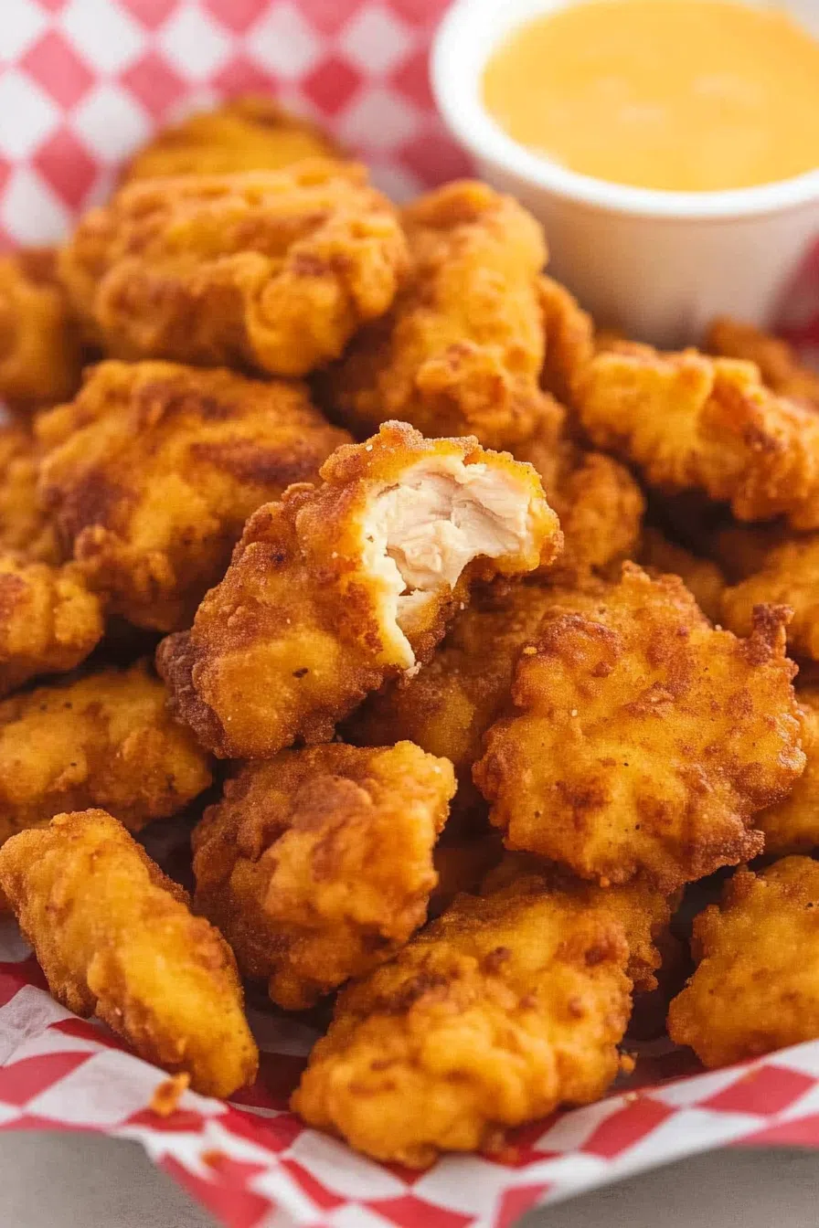 Juicy, hand-breaded chicken bites with a crispy coating, fresh from the fryer.