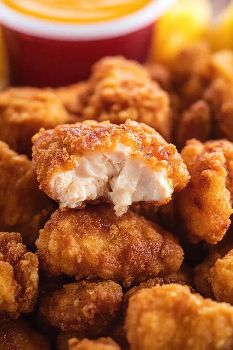 Close-up of perfectly fried chicken nuggets with a crunchy coating.