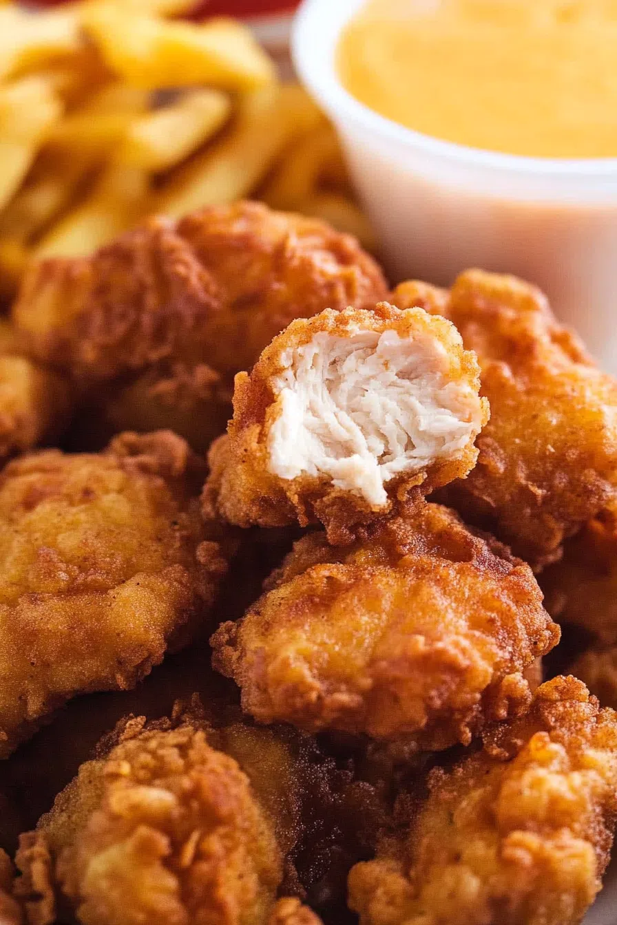 Plate of golden, crispy chicken nuggets served with dipping sauce.