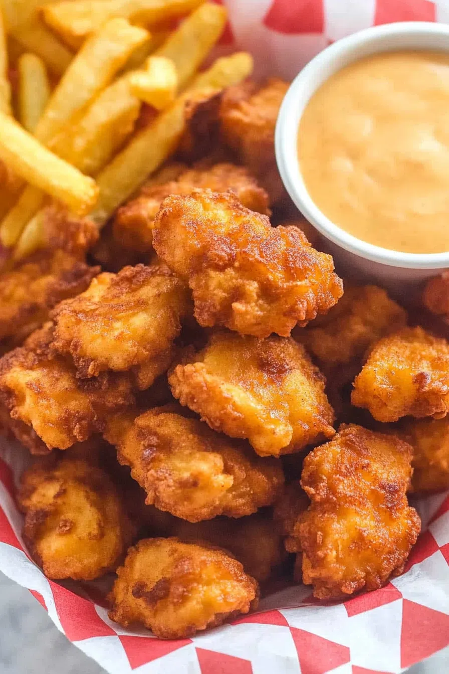 Basket of chicken nuggets with a side of waffle fries.