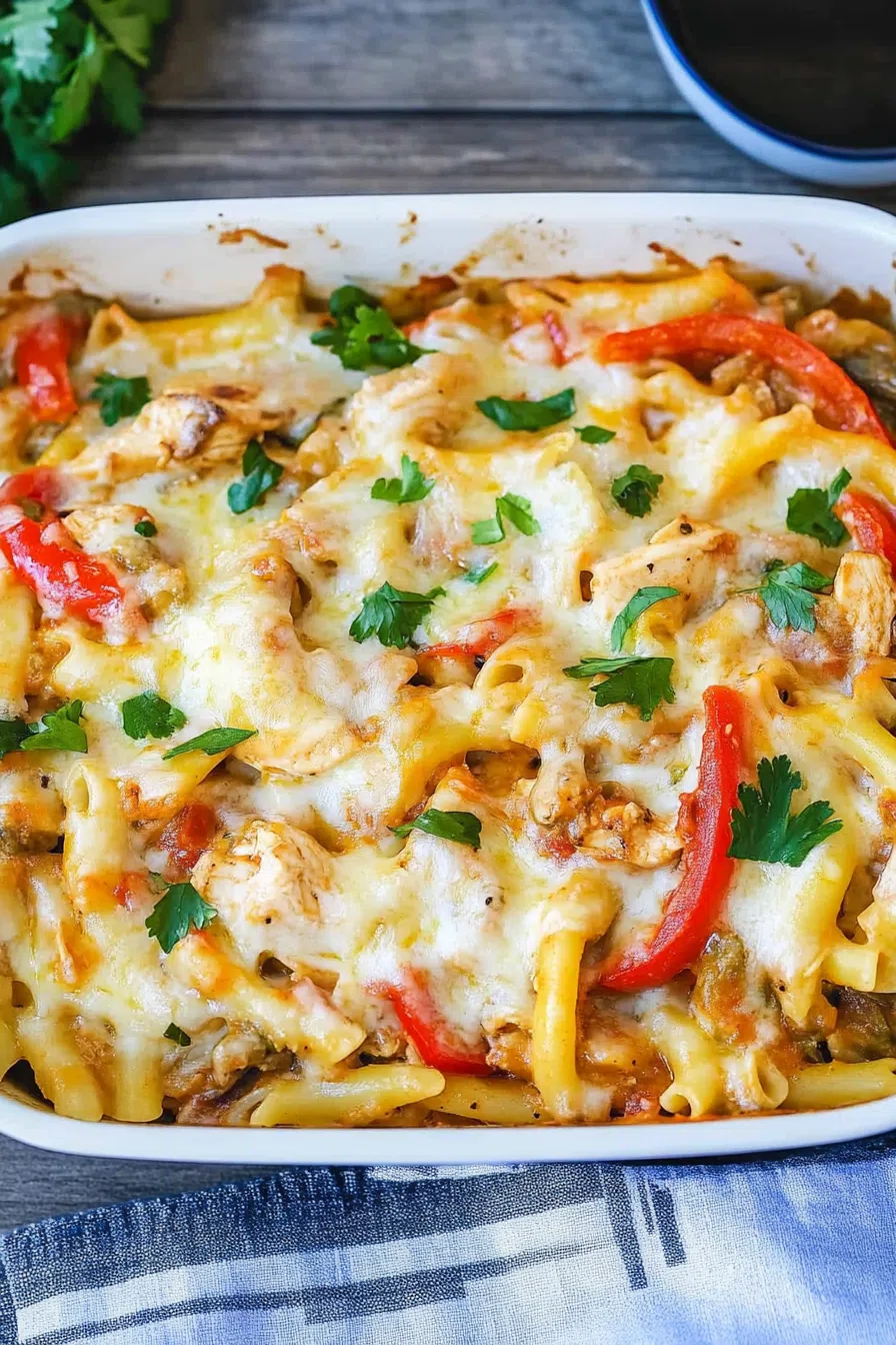 A baked casserole with a golden cheese layer and vibrant bell peppers.