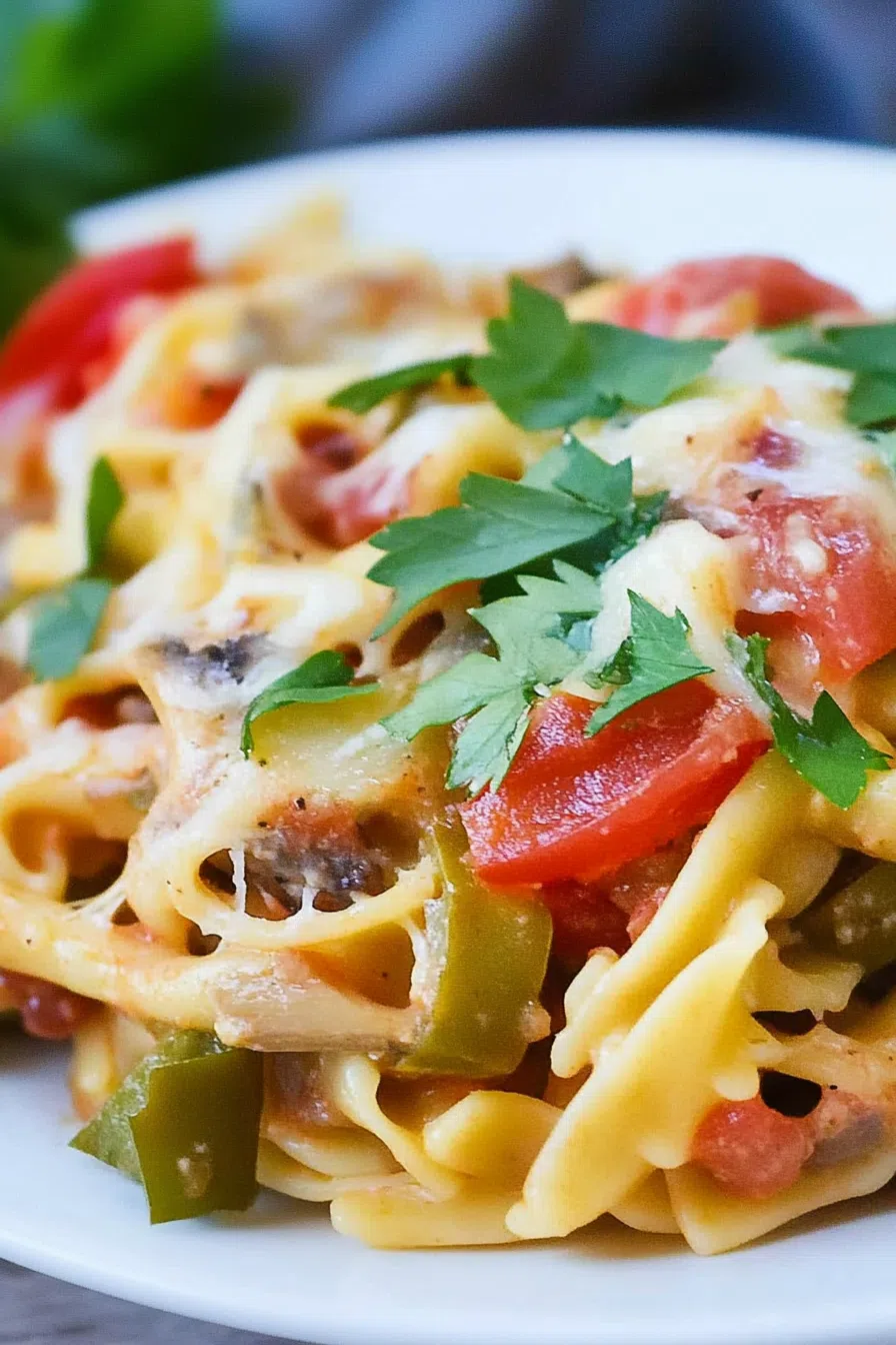 A close-up of a creamy noodle casserole topped with sliced peppers and chicken.