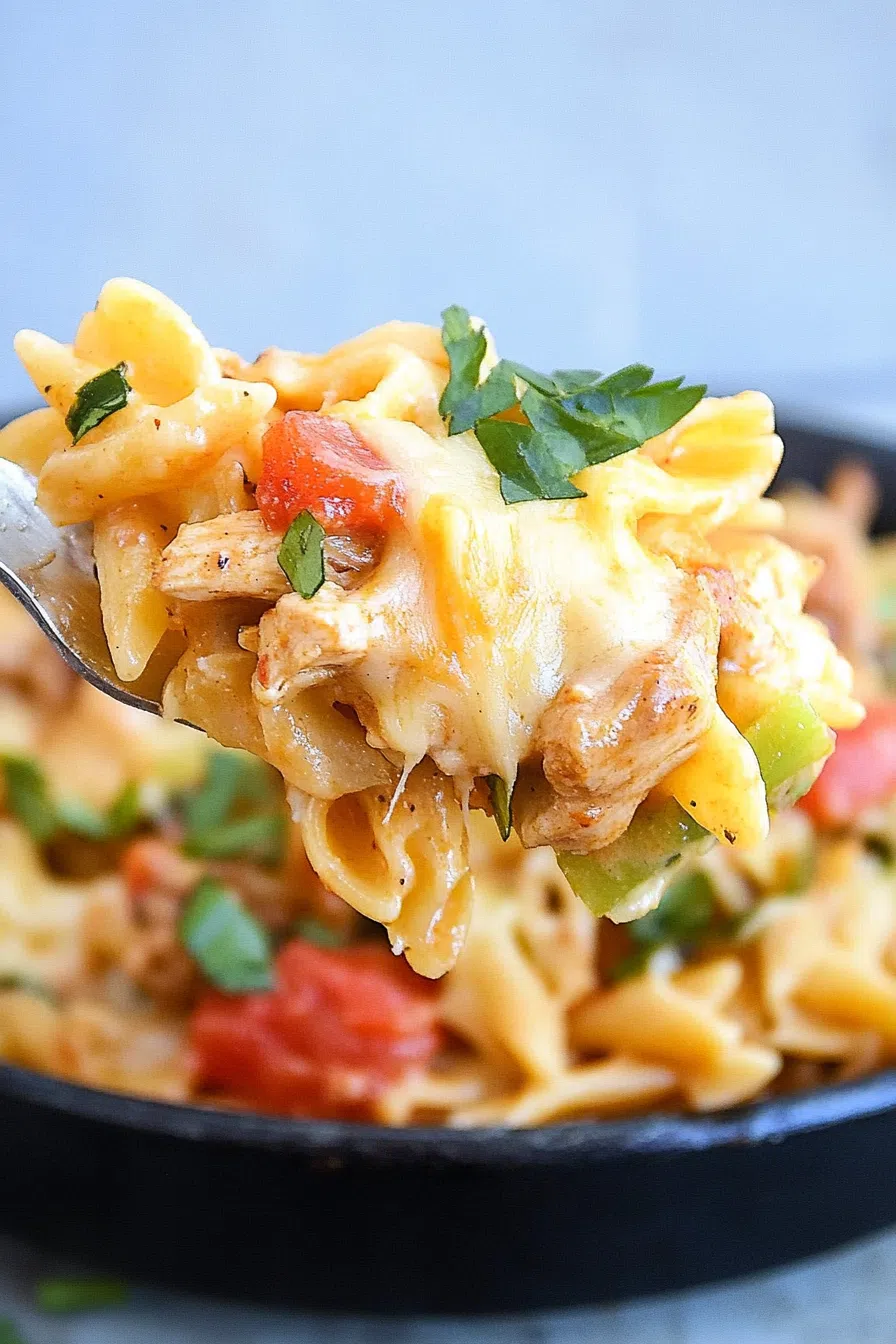 A spoon lifting a cheesy portion of casserole with peppers and chicken pieces.