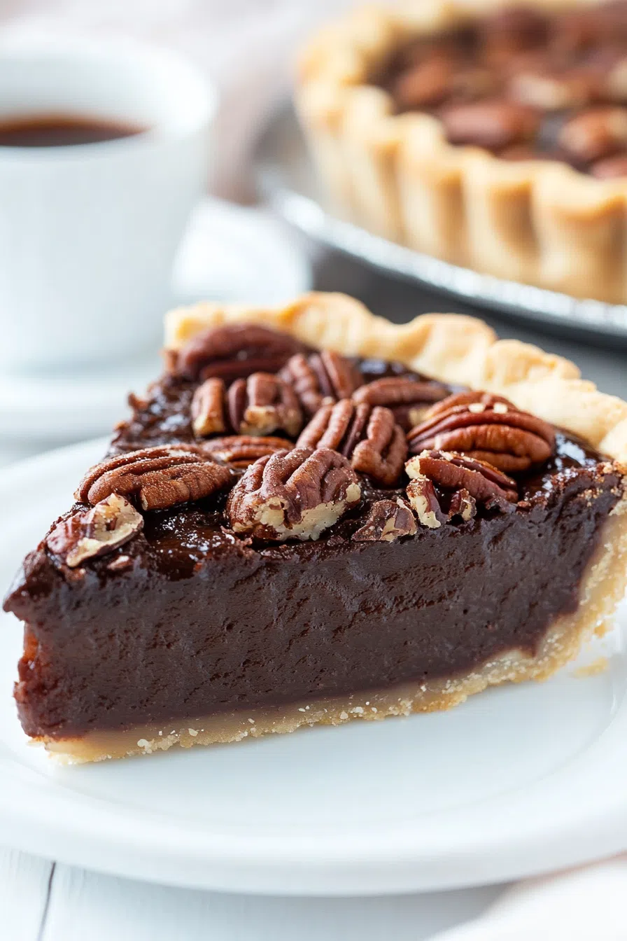 A pie slice on a plate, showing layers of chocolate and pecan filling.