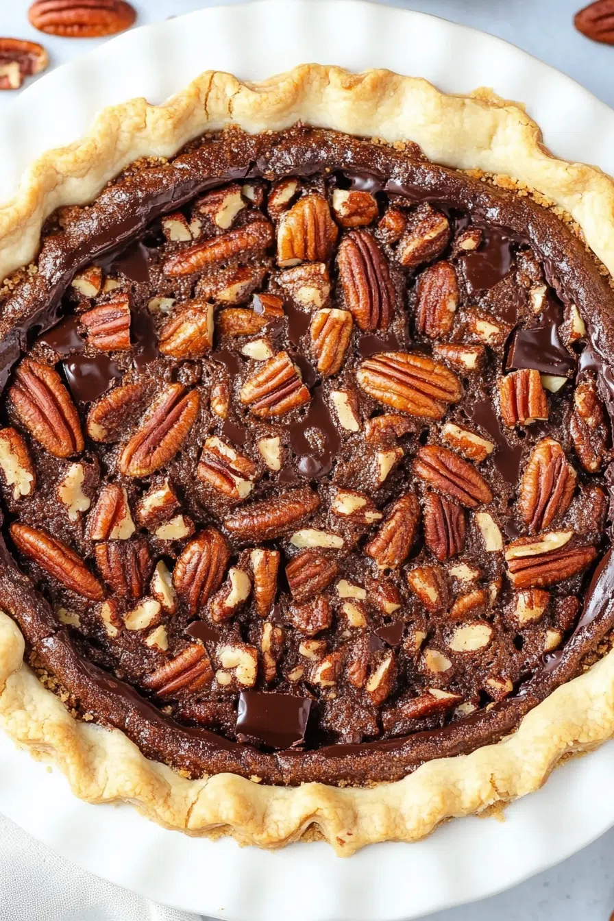A whole pie with a golden crust, topped with chocolate and pecans.