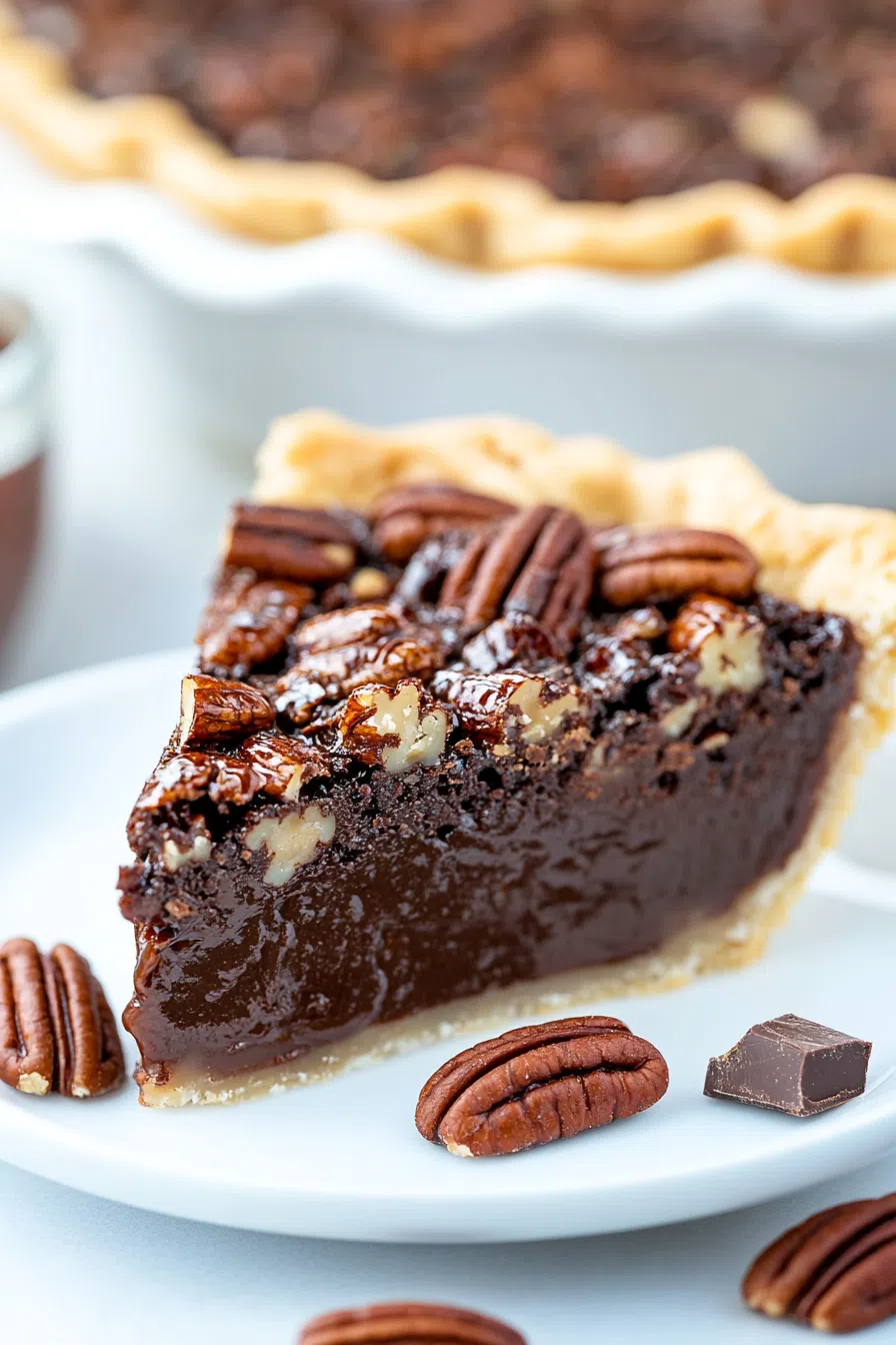 A close-up of a slice of pie with a glossy chocolate filling and toasted pecans.