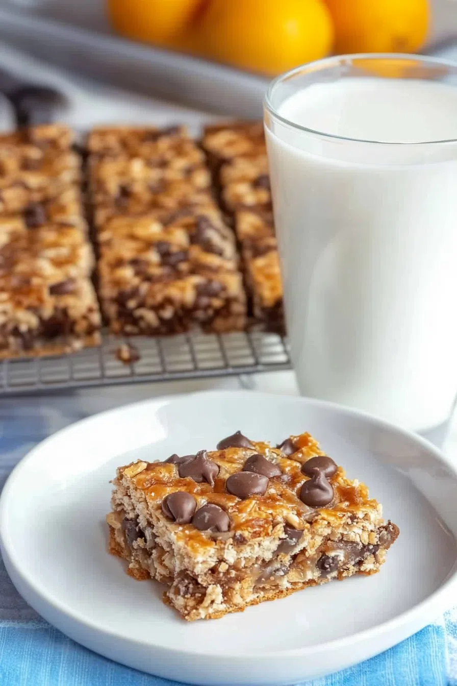 A piece of dessert bar showing a gooey chocolate and caramel filling.