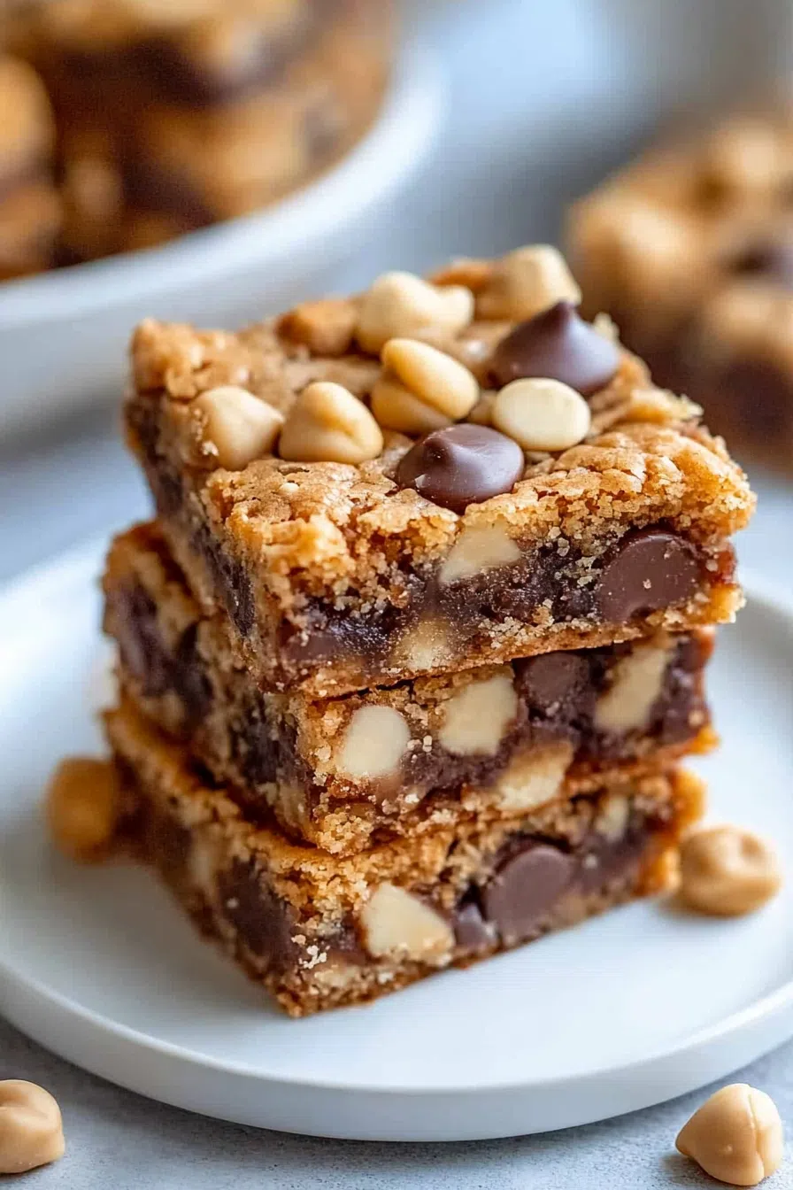 A close-up of dessert bars with a chocolate drizzle and crunchy topping.