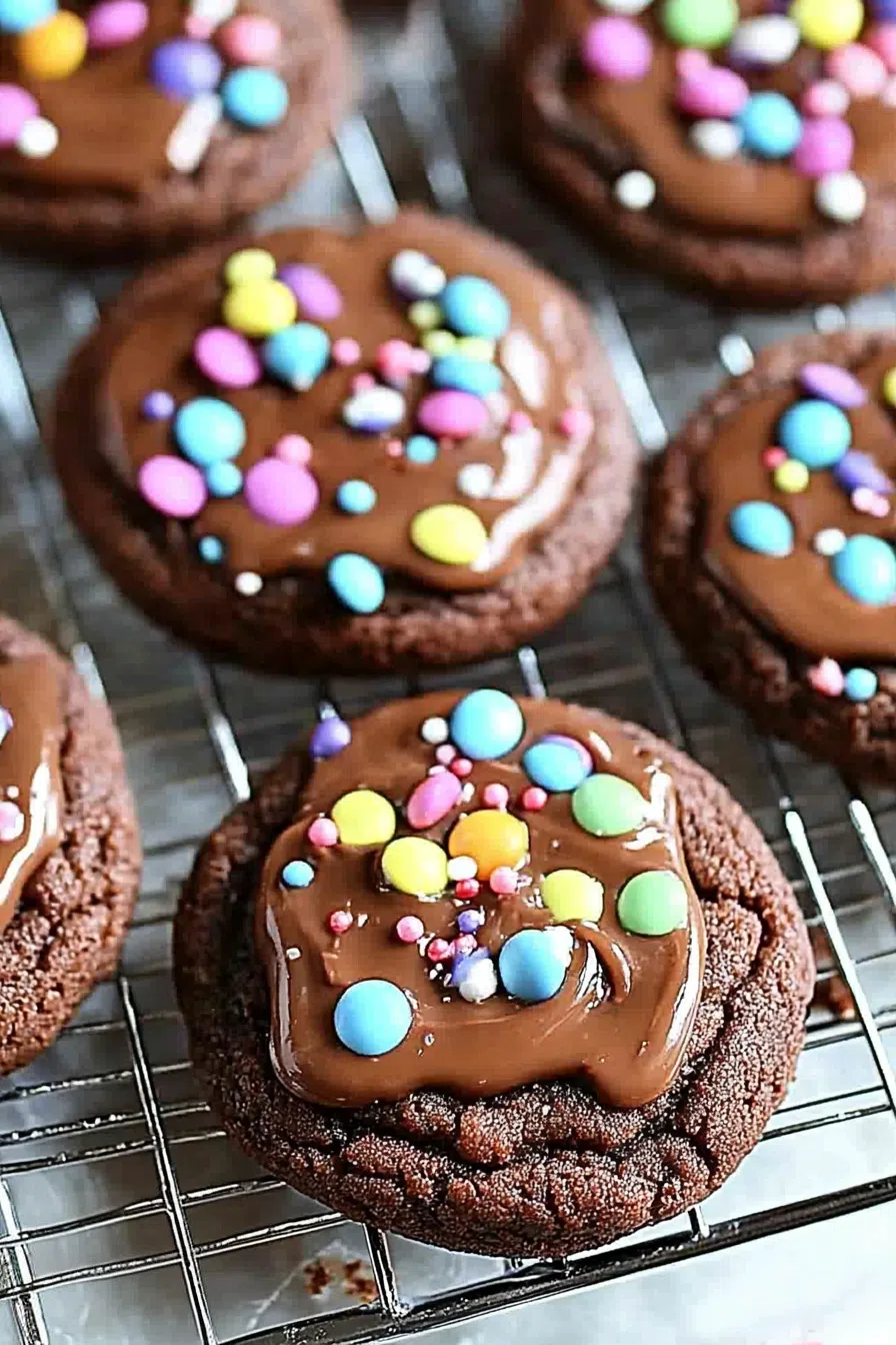 A rich, chocolate cookie with a smooth fudge topping and colorful candy sprinkles.