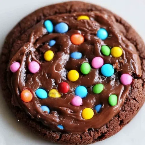 Close-up of a fudgy cookie with a glossy chocolate coating and rainbow sprinkles.