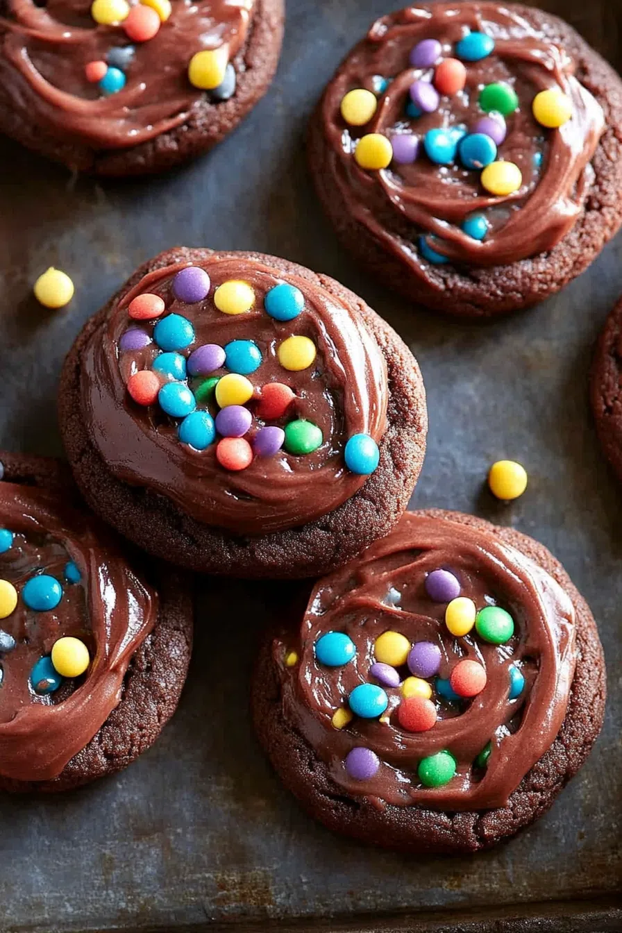 A rich, chocolate cookie topped with a smooth layer of fudge and colorful candy sprinkles.