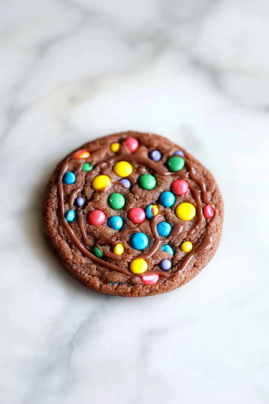 A fudgy chocolate cookie with a glossy layer of chocolate ganache and colorful candy pieces.