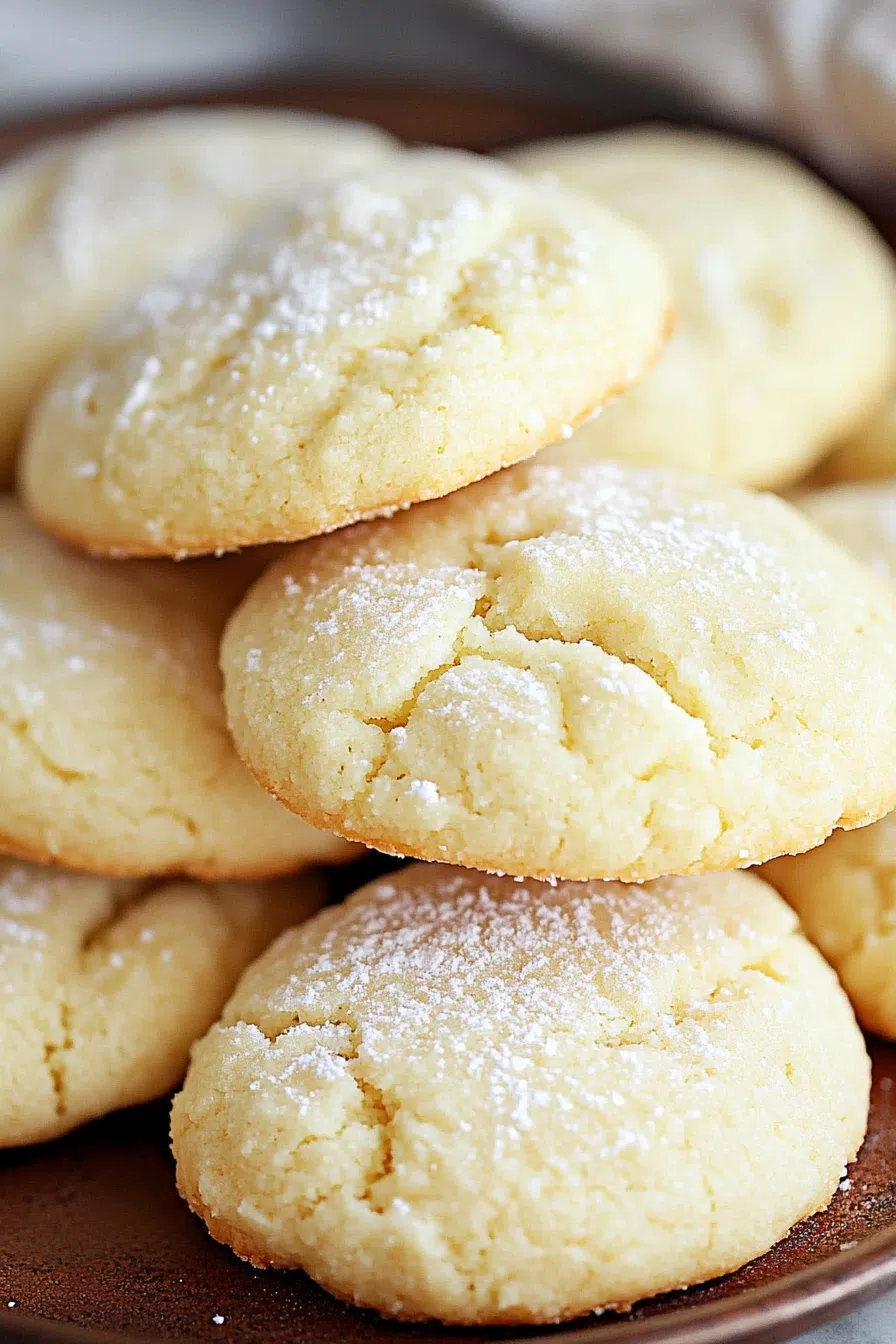 Close-up of a stack of soft cream cheese cookies on a plate.