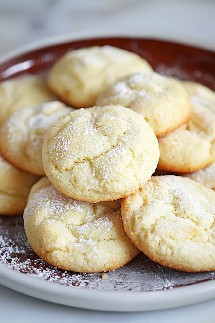 Batch of cream cheese cookies sprinkled with powdered sugar.