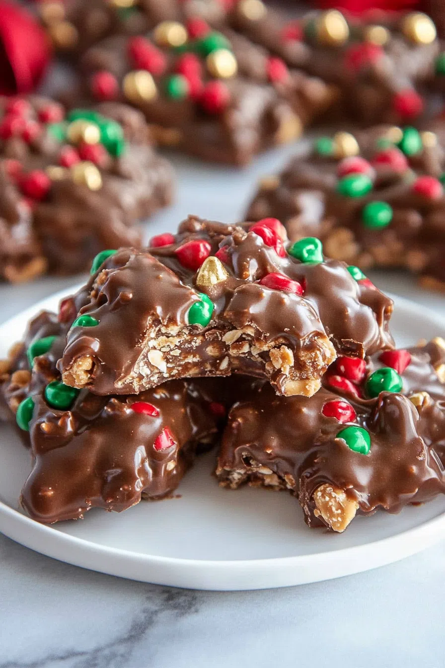 Festive platter of Crockpot Christmas Crack topped with crushed peppermint.