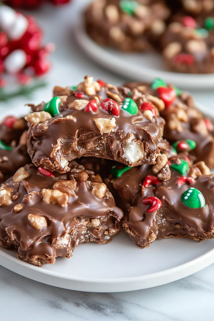 Bite-sized Christmas Crack treats with a mix of nuts and colorful sprinkles.
