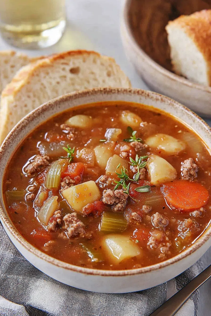 Overhead view of a rustic bowl of soup with ground beef and mixed vegetables.