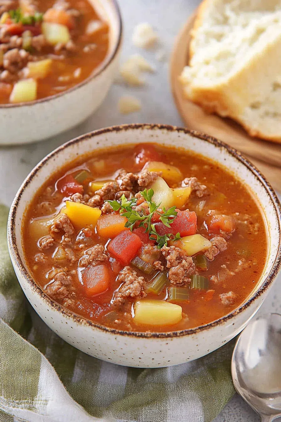 Bowl of comforting soup with chunks of beef, carrots, and potatoes.