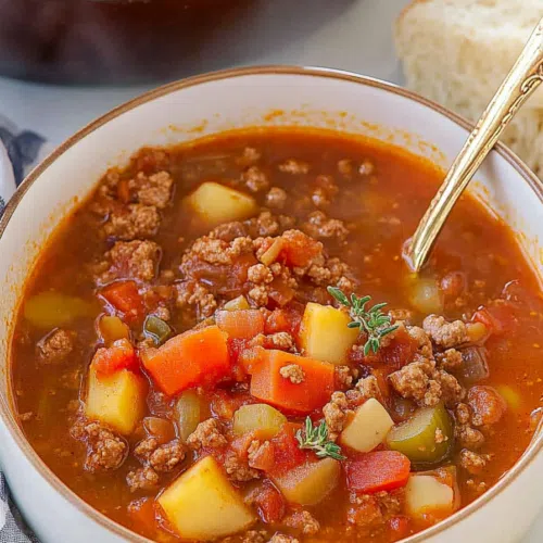 Ladle scooping a serving of beef and vegetable soup from a pot.