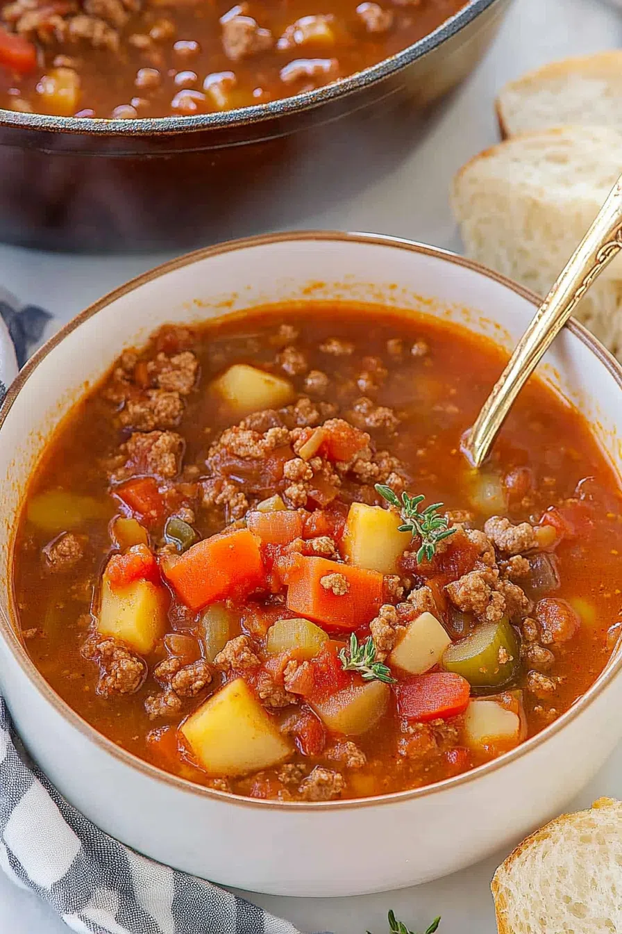 Ladle scooping a serving of beef and vegetable soup from a pot.