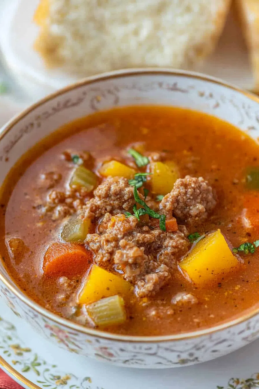 Close-up of a steaming bowl of beef and vegetable soup garnished with fresh herbs.