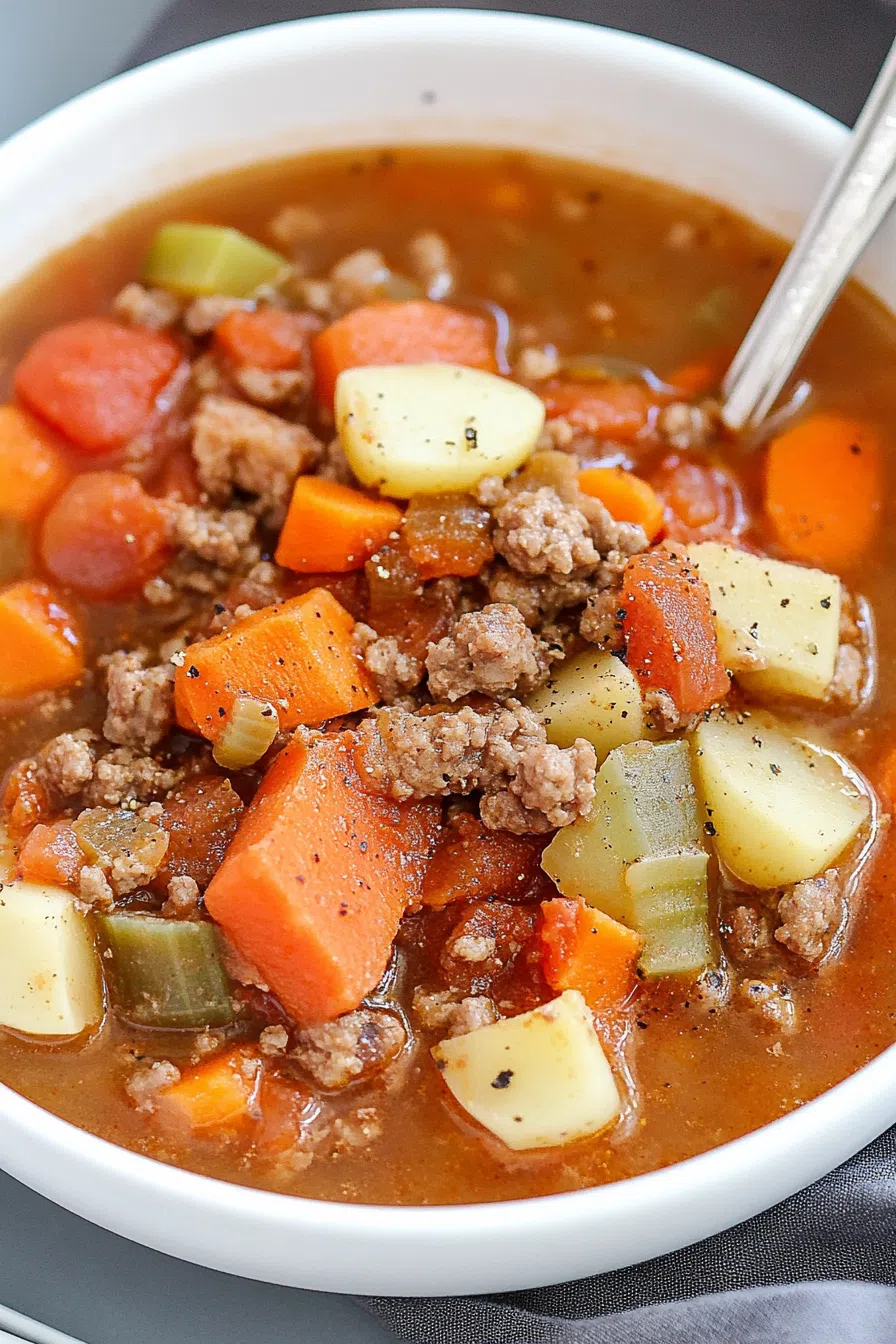 A bowl of hearty stew with ground beef, potatoes, and carrots.