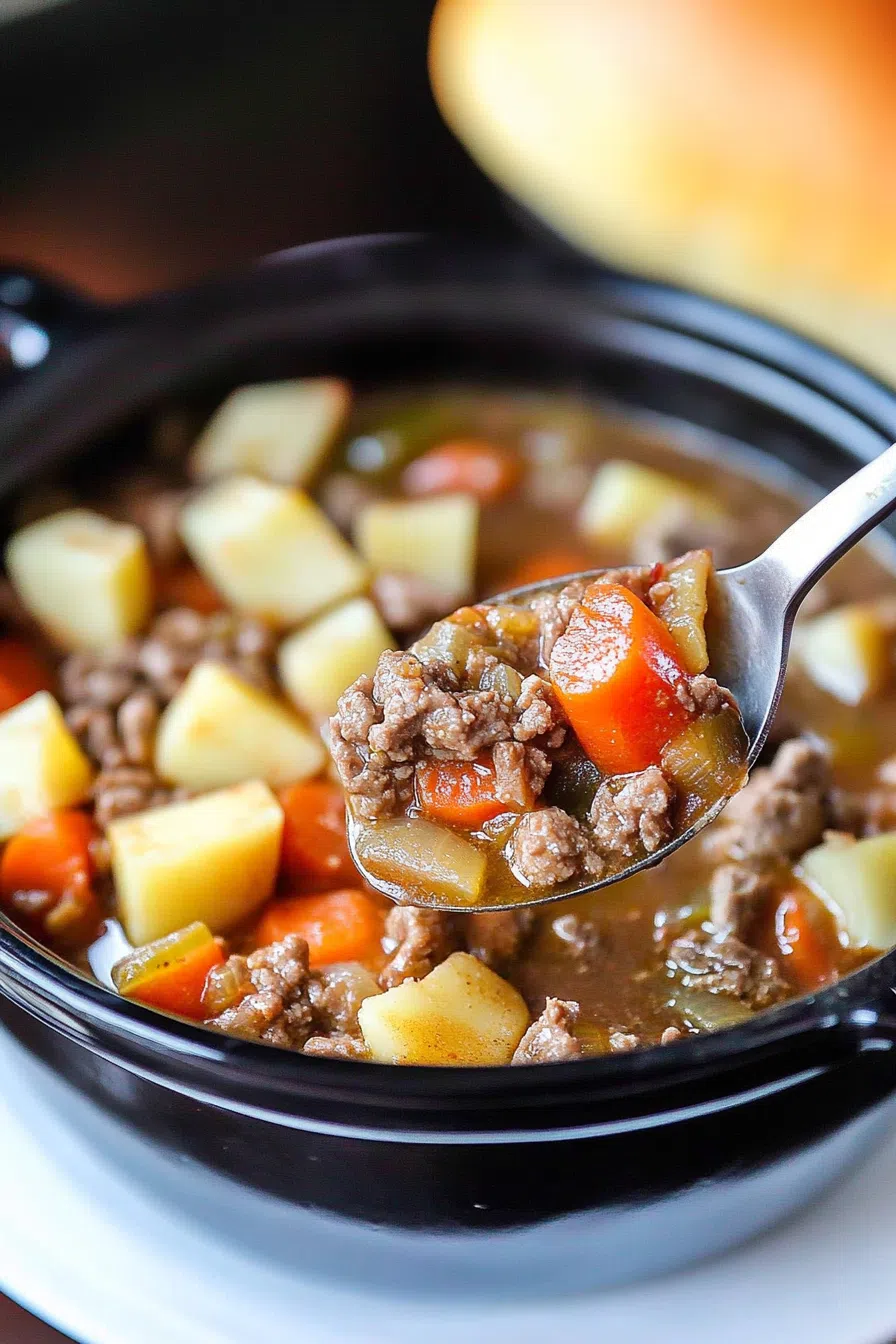 A close-up of a spoonful of stew with beef and vegetables.